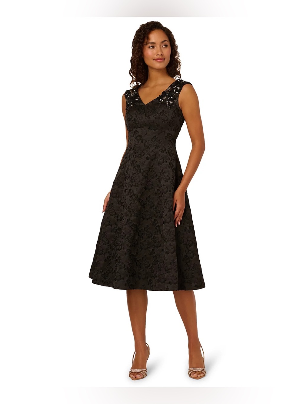 Adrianna Papell Black Sleeveless V-Neck Midi Dress with Embellished Neckline